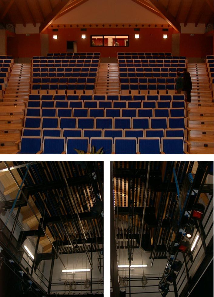 Composizione di tre foto: platea con poltrone blu e macchinaria di scena